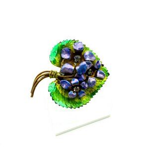 Purple Flowers Vintage Brooch, African Violets on Green Leaf, Enamel and Crystal